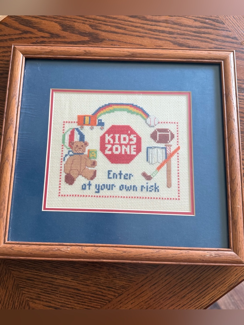 Vintage Finished Cross Stitch Kids Zone Enter At Your Own Risk Framed Teddy Bear